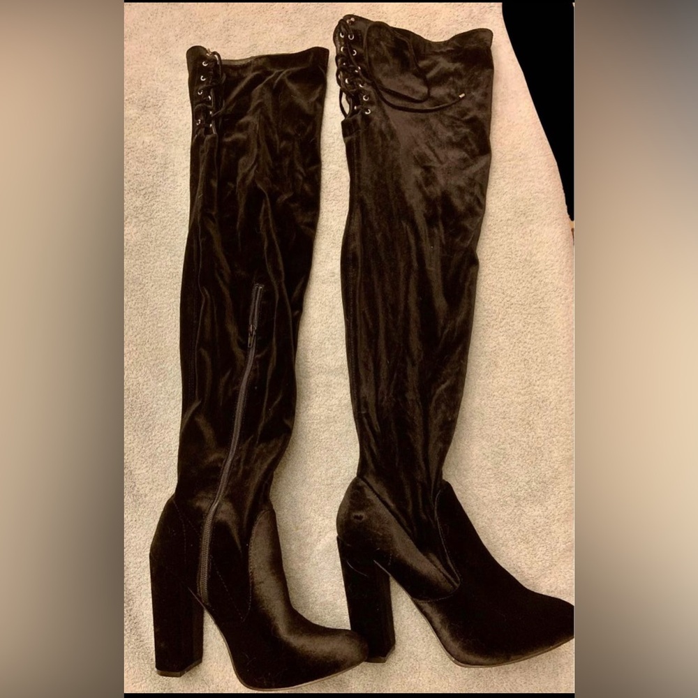 thigh high velvet black boots with heel